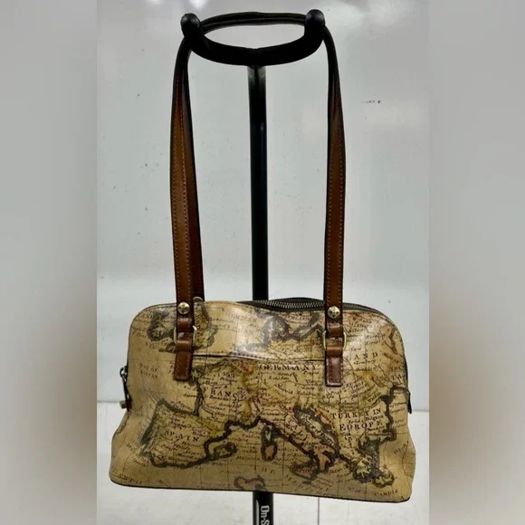 Patricia Nash Sophie Leather Satchel Shoulder Bag TWIST LOCK ZIPPER MAP PRINT - Picture 7 of 7